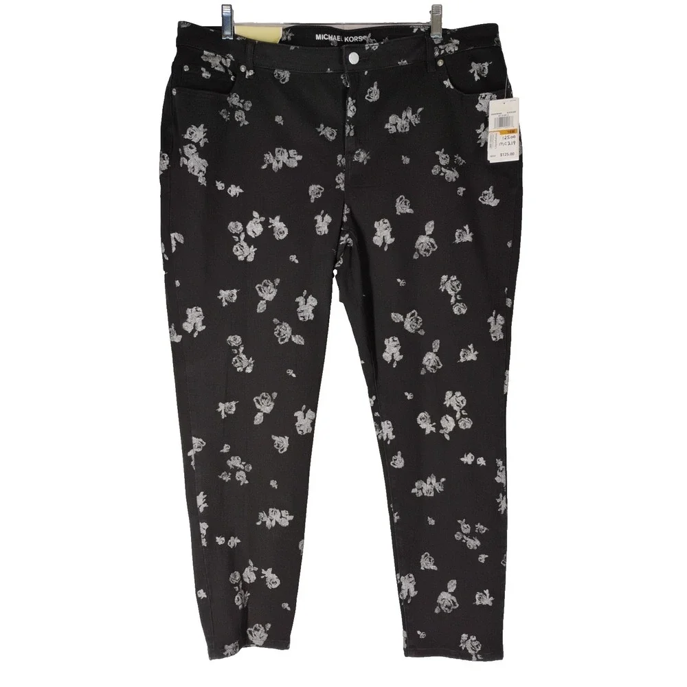 NWT Michael Kors Womens Sz 16 W Black Floral Izzy‎ Cropped Skinny Jeans $125